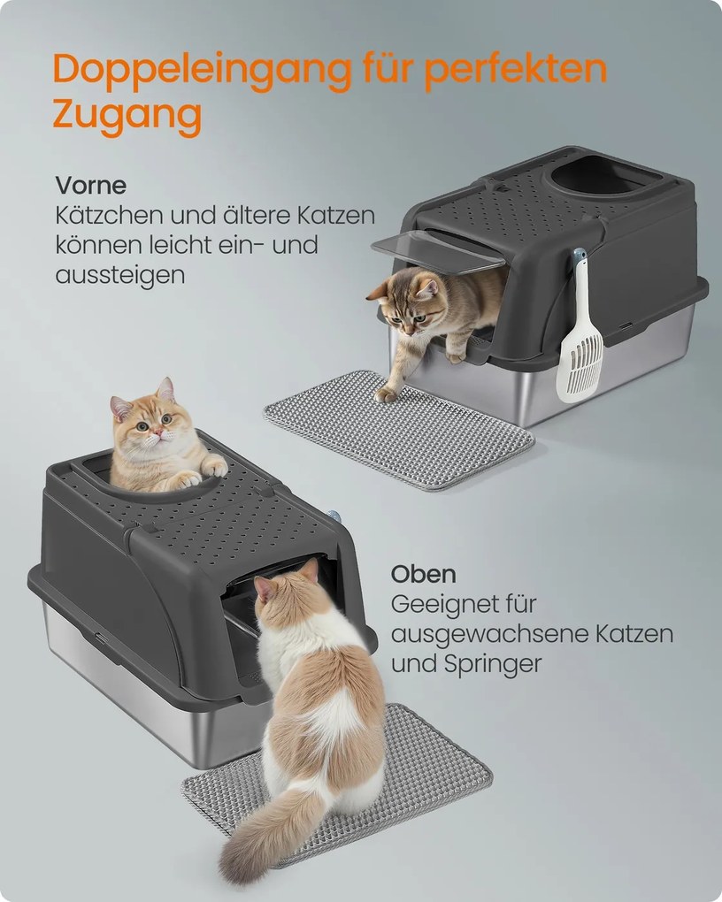 Caixa de areia em aço inoxidável com pá e escova para gatos grandes 61 x 41 x 36,5 cm Preto