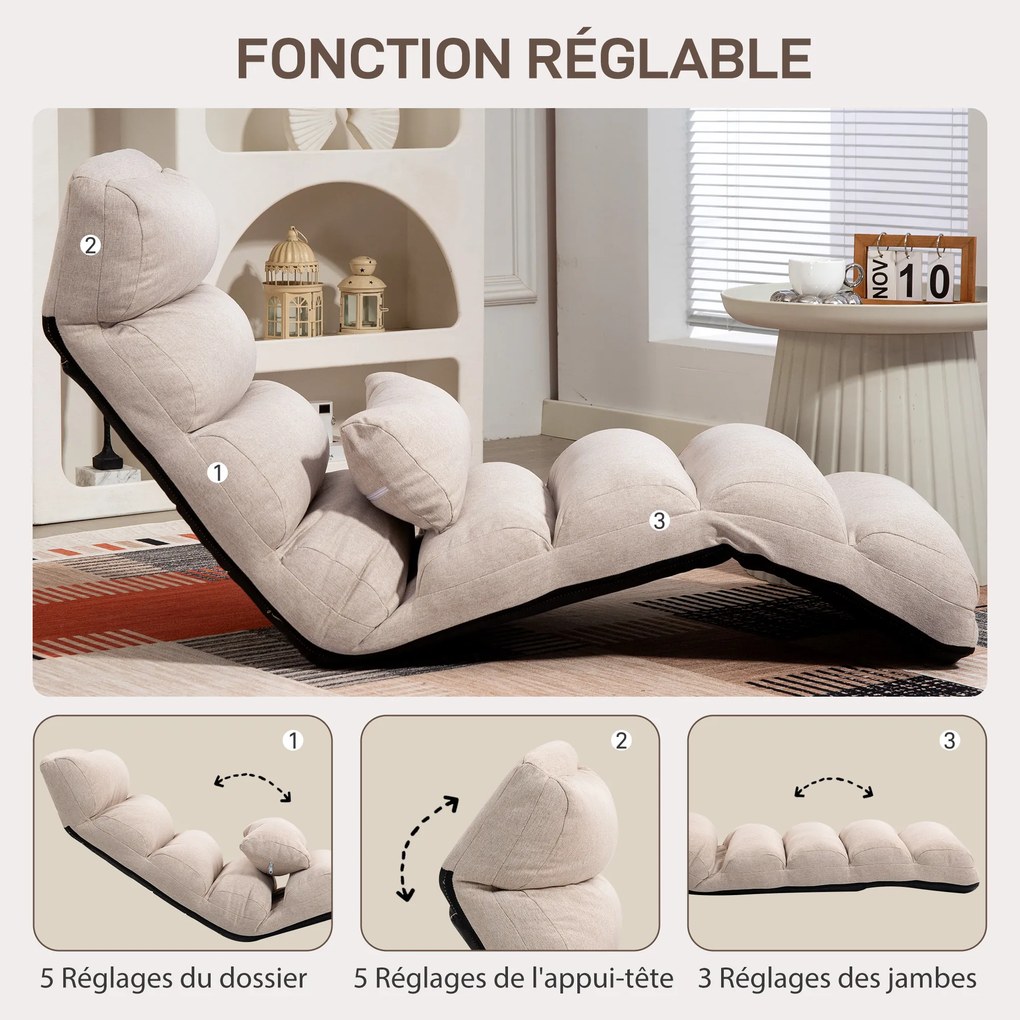 Poltrona individual conversível 58 x 119 x 78 cm com encosto e apoio para a cabeça ajustáveis em 5 posições, bege