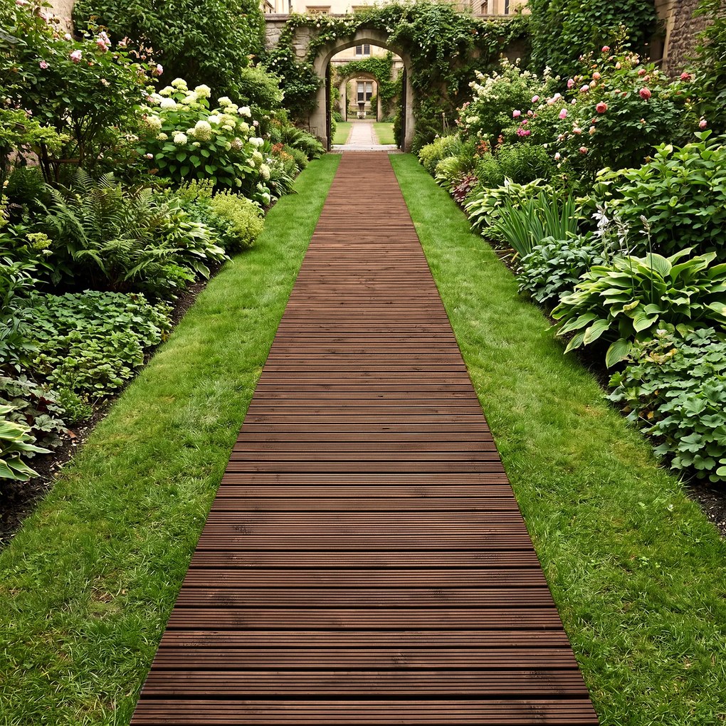Caminho de jardim em madeira de abeto, enrolável, 367 x 55 x 15 cm, superfície antiderrapante para quintal, terraço e ambientes cor castanho
