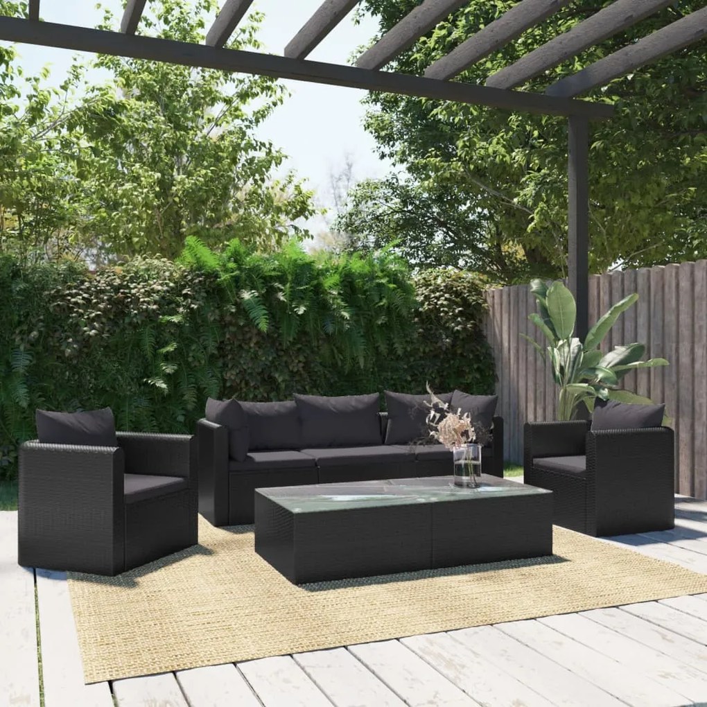 vidaXL Conjunto lounge de jardim c/ almofadões 7 pcs vime PE preto