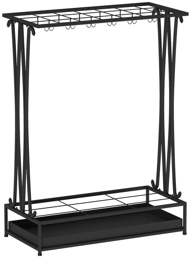 HOMCOM Suporte para Guarda-Chuva Moderno Retangular com 24 Ganchos 21 Espaços e Bandeja Recolhedora de Gotas 50x24x68 cm Preto