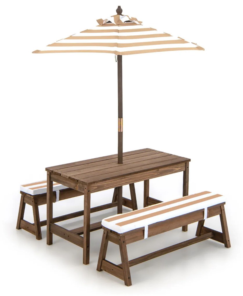 Mesa de piquenique jardim para crianças com guarda-sol com almofadas Castanho