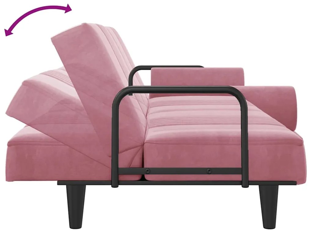Sofá-cama com apoio de braços veludo rosa