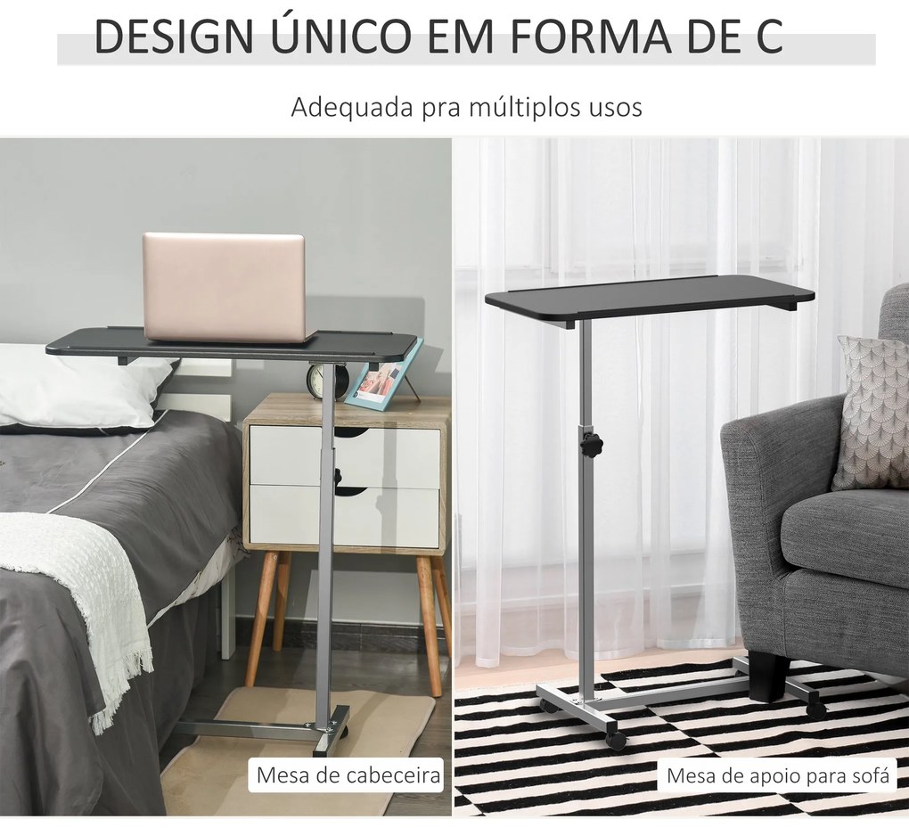 HOMCOM Mesa Auxiliar com Rodas Mesa para Sofá ou Cama com Altura Ajust