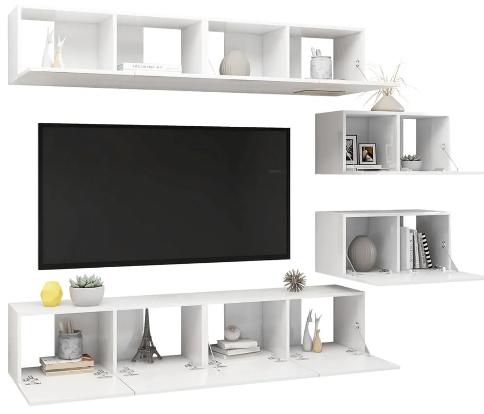 6 pcs conjunto de móveis de TV contraplacado branco brilhante