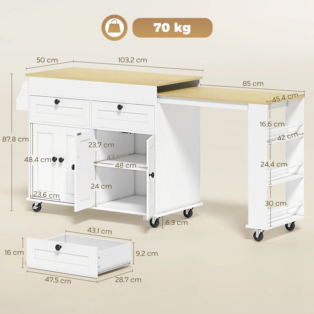 Ilha central de cozinha com tampo extensível, carrinho de cozinha com Rodas, 2 gavetas e 4 portas, branco