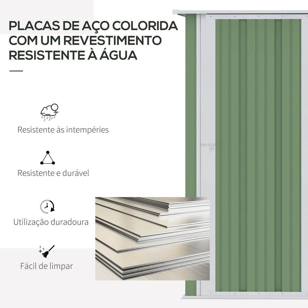 Abrigo de Jardim 1,07㎡ 142x84x189 cm Abrigo de Armazenamento Abrigo de Ferramentas com Teto Inclinado e Porta Verde Claro