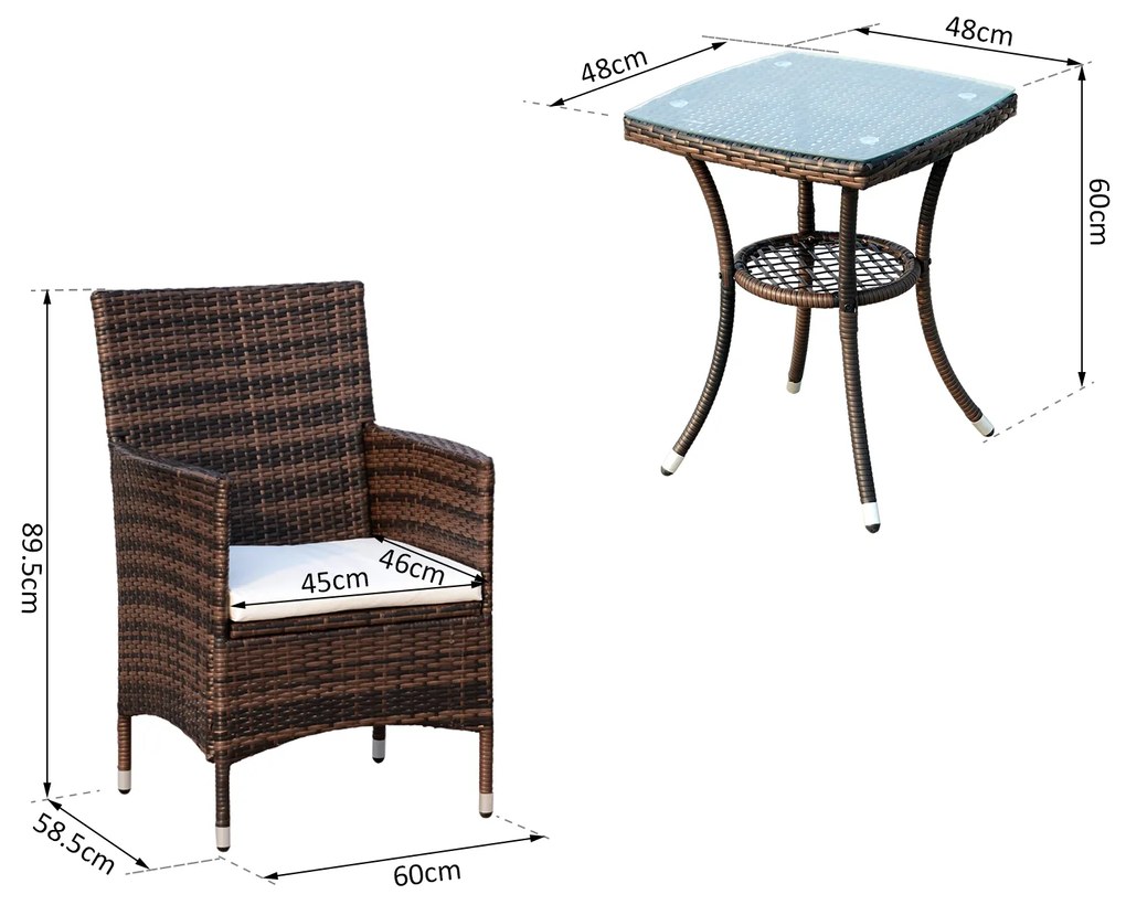 Conjunto de 1 Mesa 2 Cadeiras Rattan para Jardím com almofada Estrutura Metal Cor Castanho