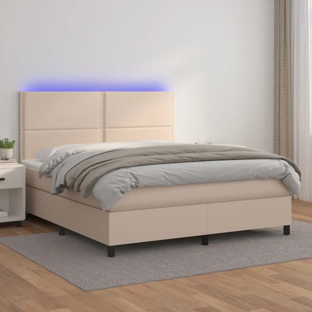 Cama box spring c/colchão/LED 180x200cm couro artif. cappuccino