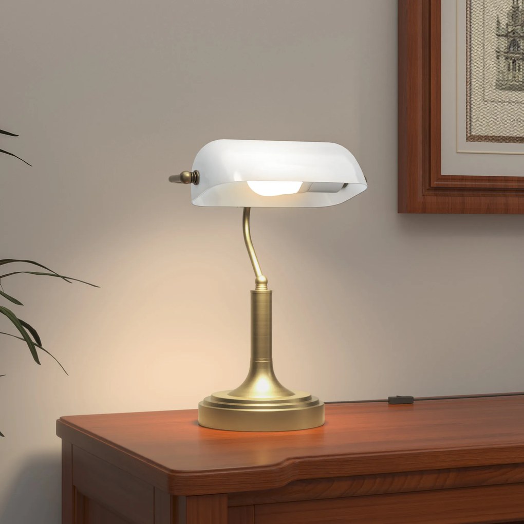 Candeeiro de Mesa Banqueiro Candeeiro de Mesa Vintage E27 com Ecrã Orientável a 45° 26,8x22x39,5 cm Branco
