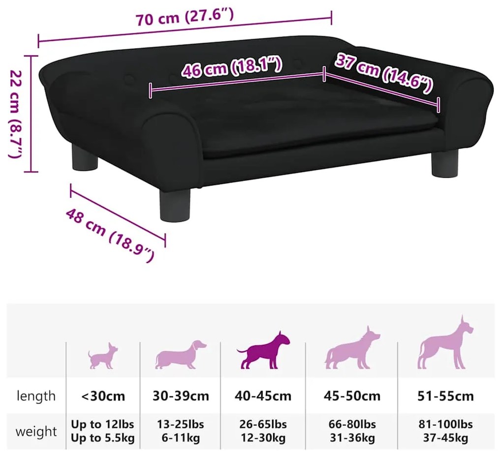 Cama para cães 70x48x22 cm veludo preto