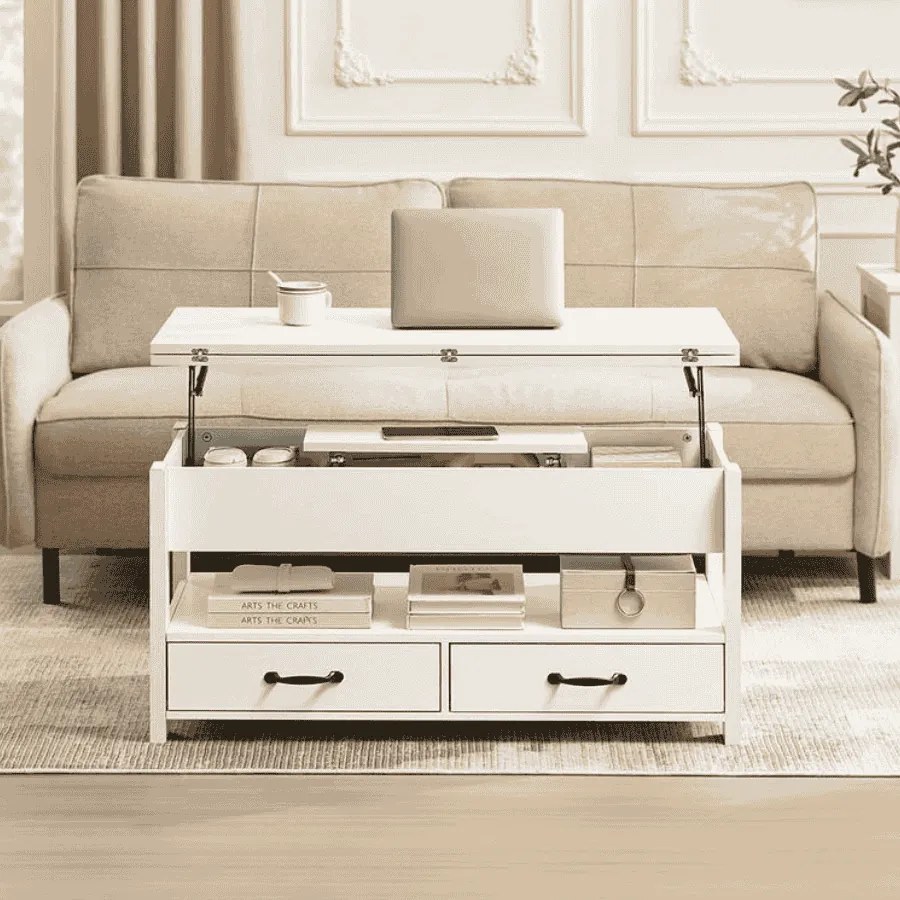 Mesa de centro com altura ajustável 50 x 100 x 49,1 cm/64,1 cm, gavetas e compartimentos Branca