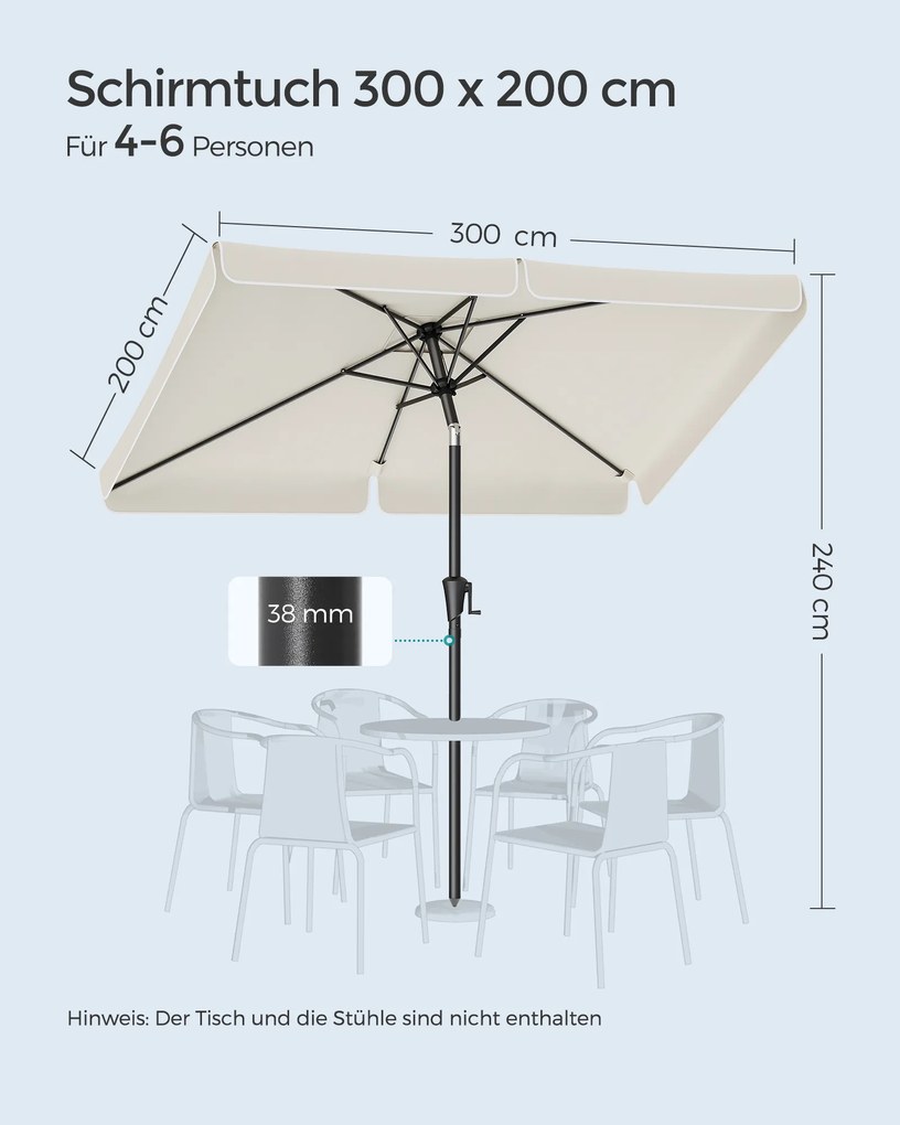 Guarda-sol de jardim 300 x 200 cm retangular sem base bege