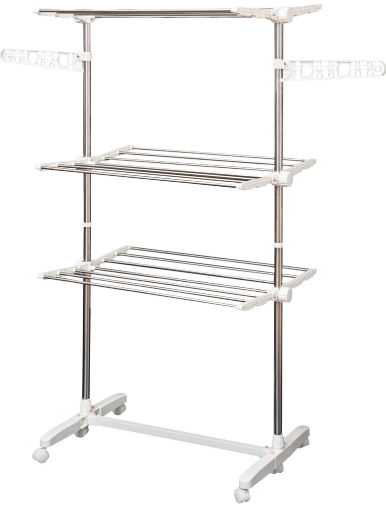HOMCOM Estendal para Roupa Dobrável 80x55x152cm com 6 Rodas e 3 Prateleiras com Altura Ajustável de Aço Inoxidável Prateado