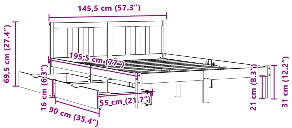 Cama sem colchão 140x190 cm madeira de pinho maciça