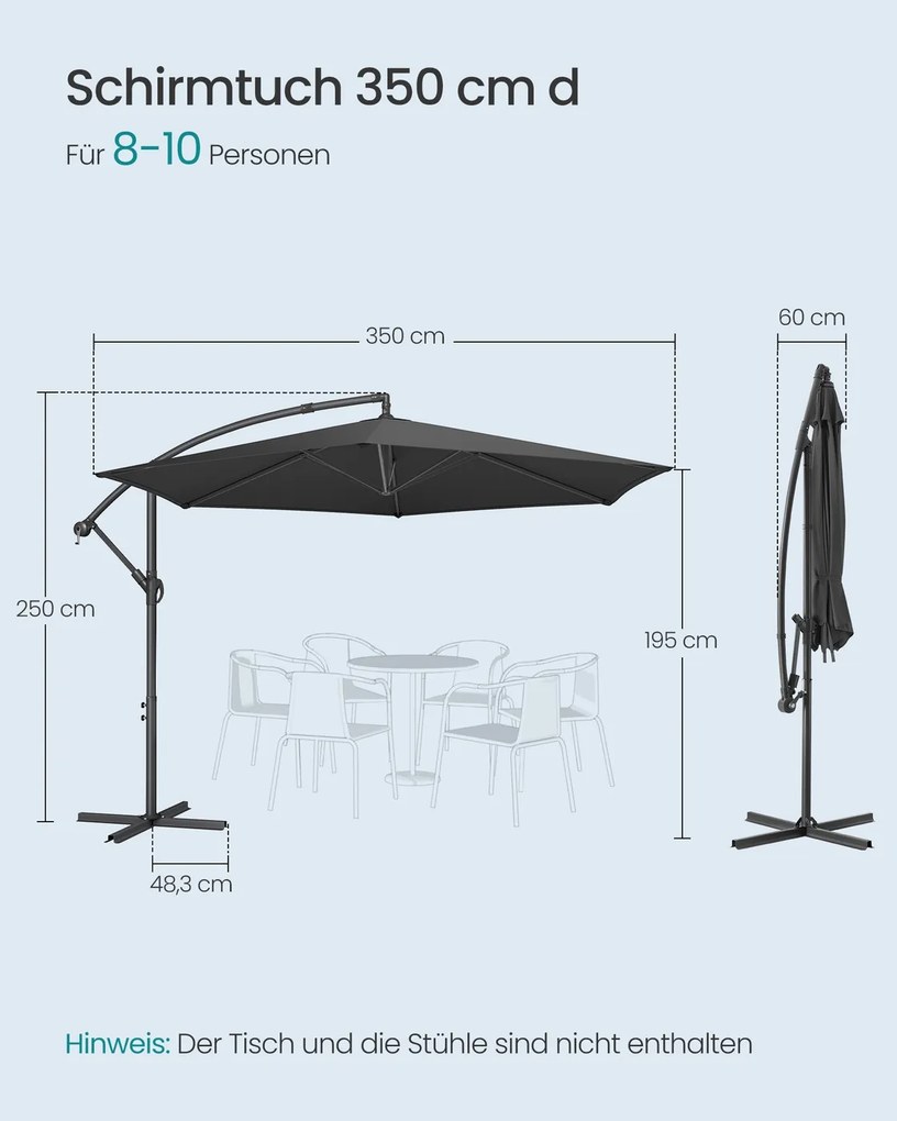 Guarda-sol de 350 cm com manivela para abrir e fechar com base cruzada (SEM PESOS), Cinzento
