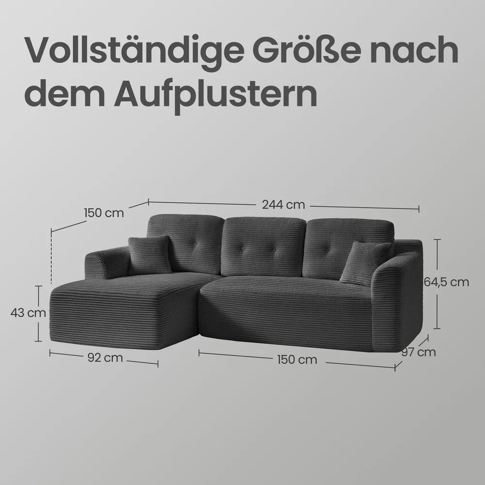 Sofá modular de canto com Chaise long à esquerda, 150 x 244 x 73 cm cinza ardósia