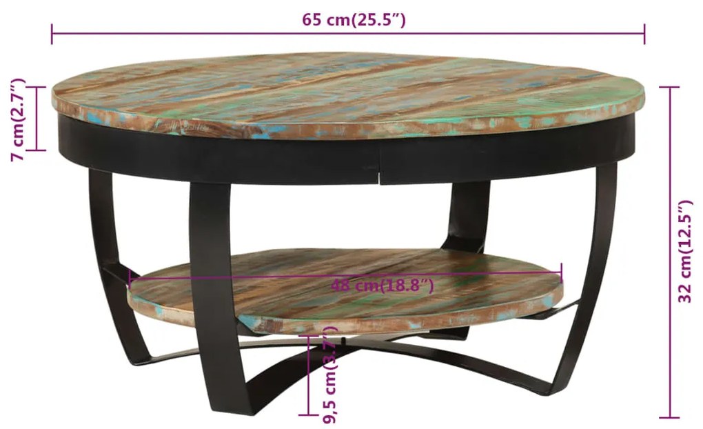 Mesa de centro 65x32 cm madeira reciclada maciça