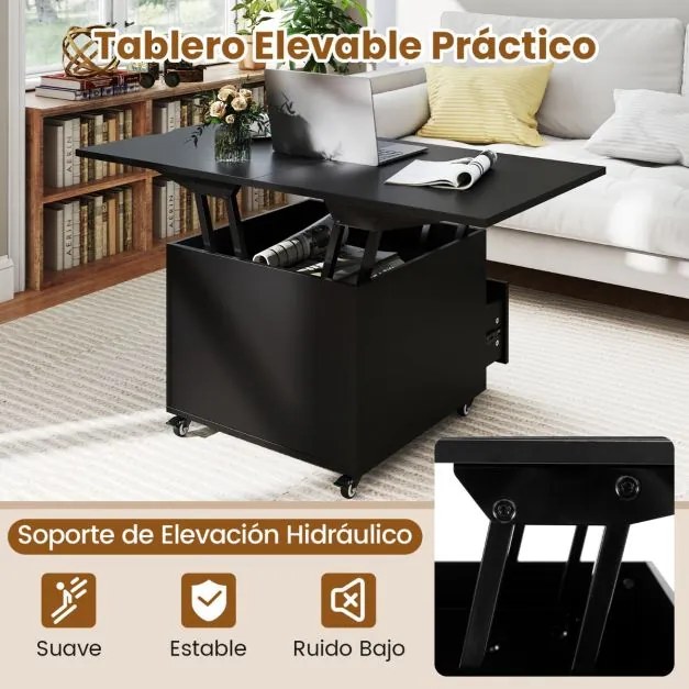 Mesa de centro elevável dobrável 3 em 1 com gaveta de armazenamento oculta e rodas bloqueáveis 360° Móvel preto