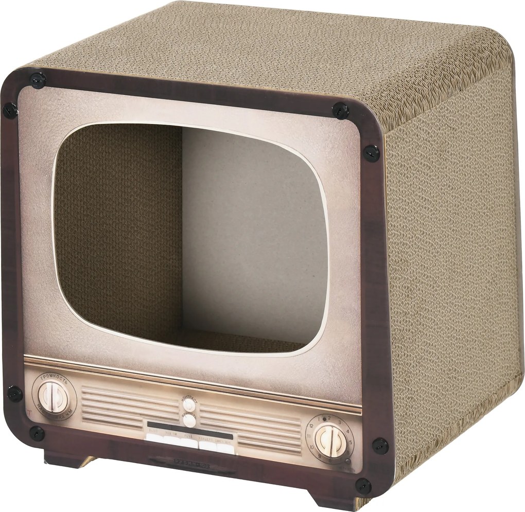 Arranhador para gatos 2 em 1 em forma de televisor 39 x 29 x 37 cm, com casinha e tapete para arranhar em cartão ondulado, castanho
