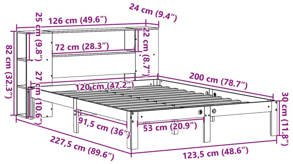 Cama com estante sem colchão 120x200 cm pinho maciço branco