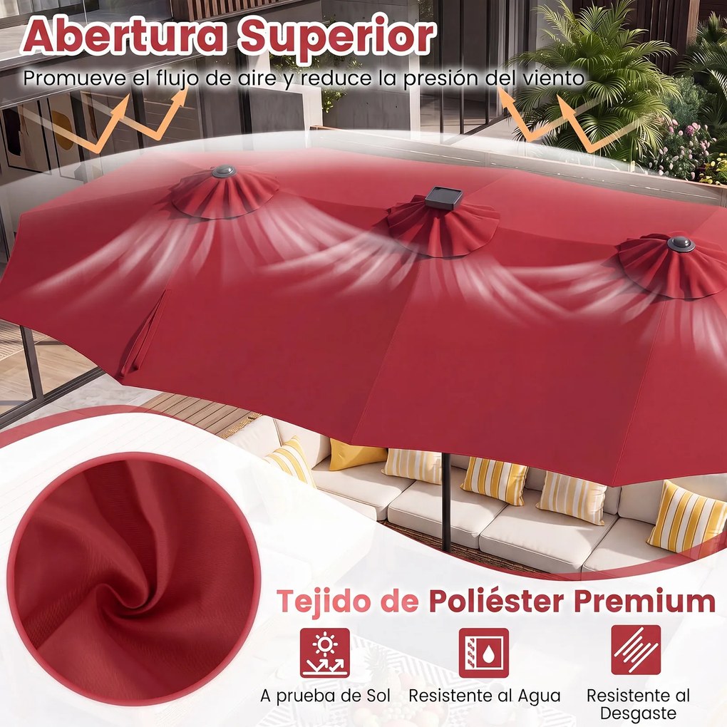 Guarda-sol Duplo Retangular de Exterior com base, 370 x 200 cm, 108 Luzes LED, Vermelho vinho