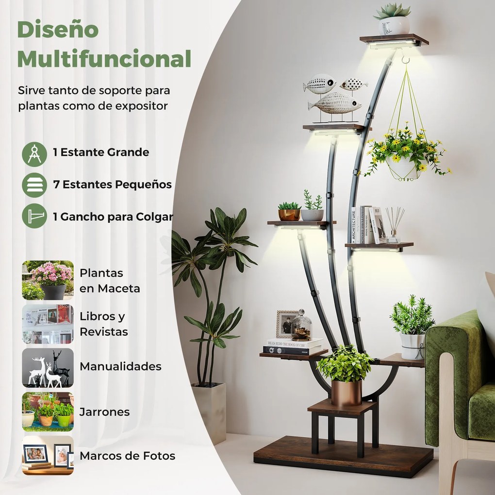 Conjunto de 2 suportes para plantas de interior com luzes. Estante metálica de 8 níveis com gancho para escritório, 67 x 30 x 156 cm, castanho e preto