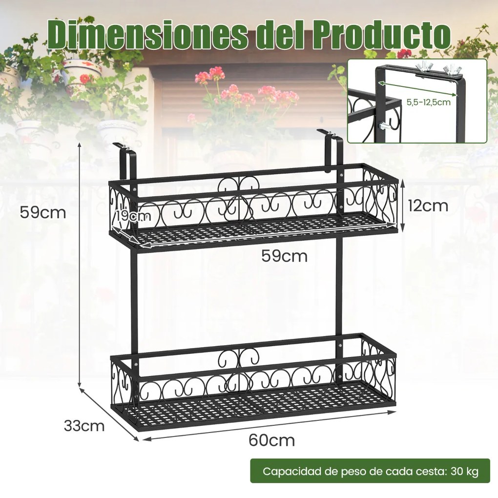 Suporte varandas metálica para plantas de 2 níveis com ganchos ajustáveis 5,5-12,5cm Carga 30kg 60 x 33 x 59 cm Preto