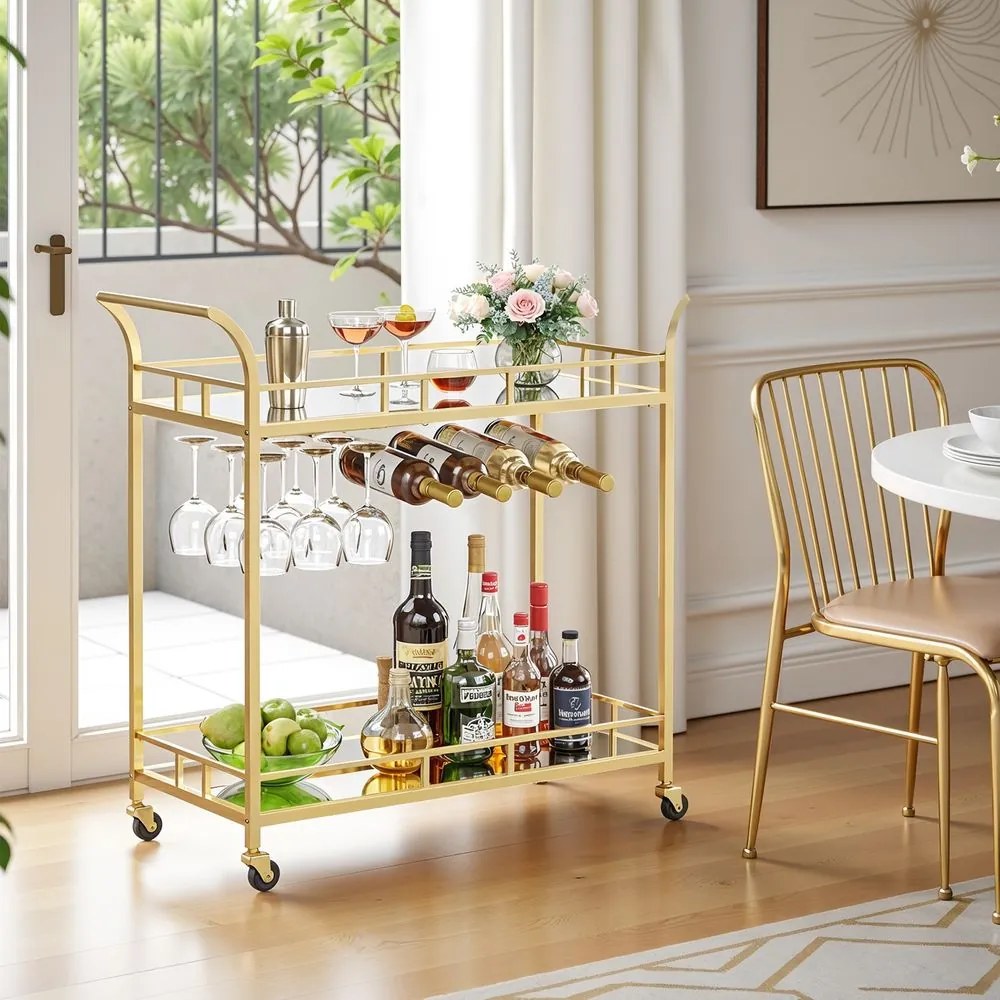 Carrinho de serviço de cozinha com rodas, suportes para copos 38 x 80 x 90 cm dourado