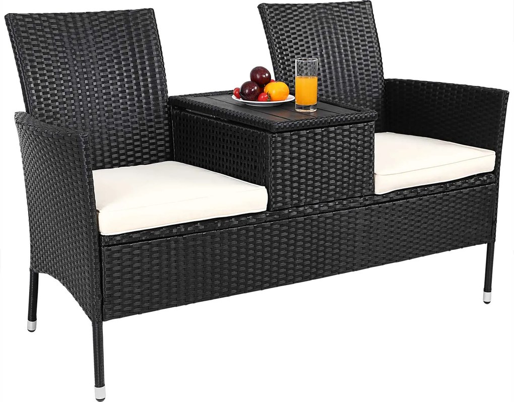Banco de 2 lugares com mesa integrada em polirrattan 143 x 64 x 87 cm Preto