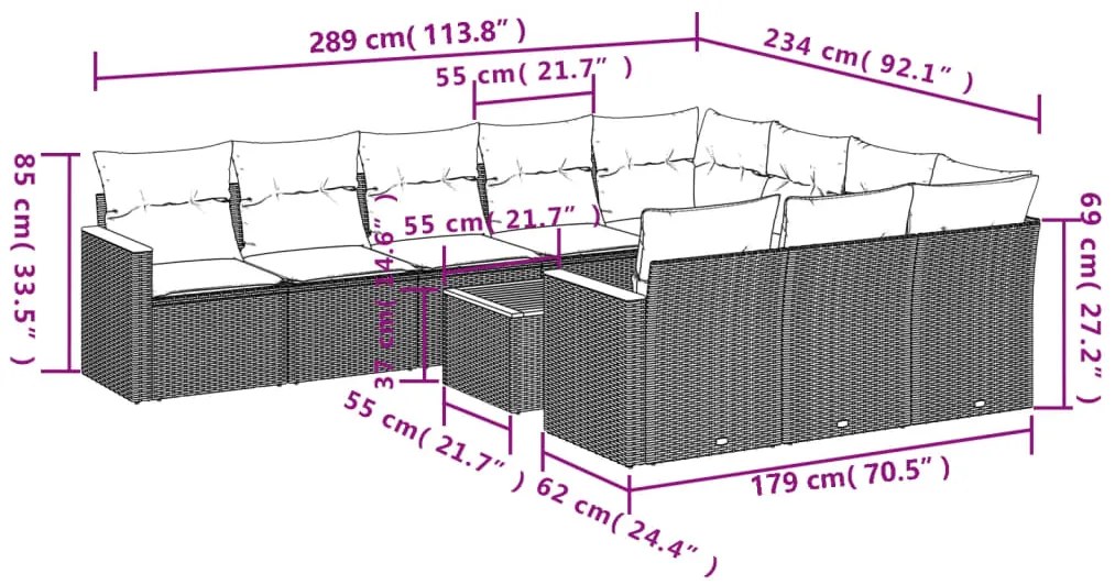 11 pcs conjunto sofás de jardim c/ almofadões vime PE preto