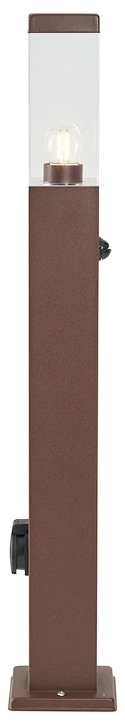 Candeeiro de exterior castanho ferrugem com vidro transparente 80cm IP44 com tomada e sensor de movimento - Malios Moderno