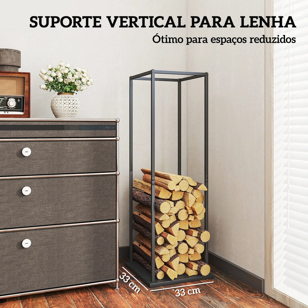 Suporte para Lenha Metálico para Lareira com Base Elevada Capacidade de 100 kg 33x33x110 cm Preto