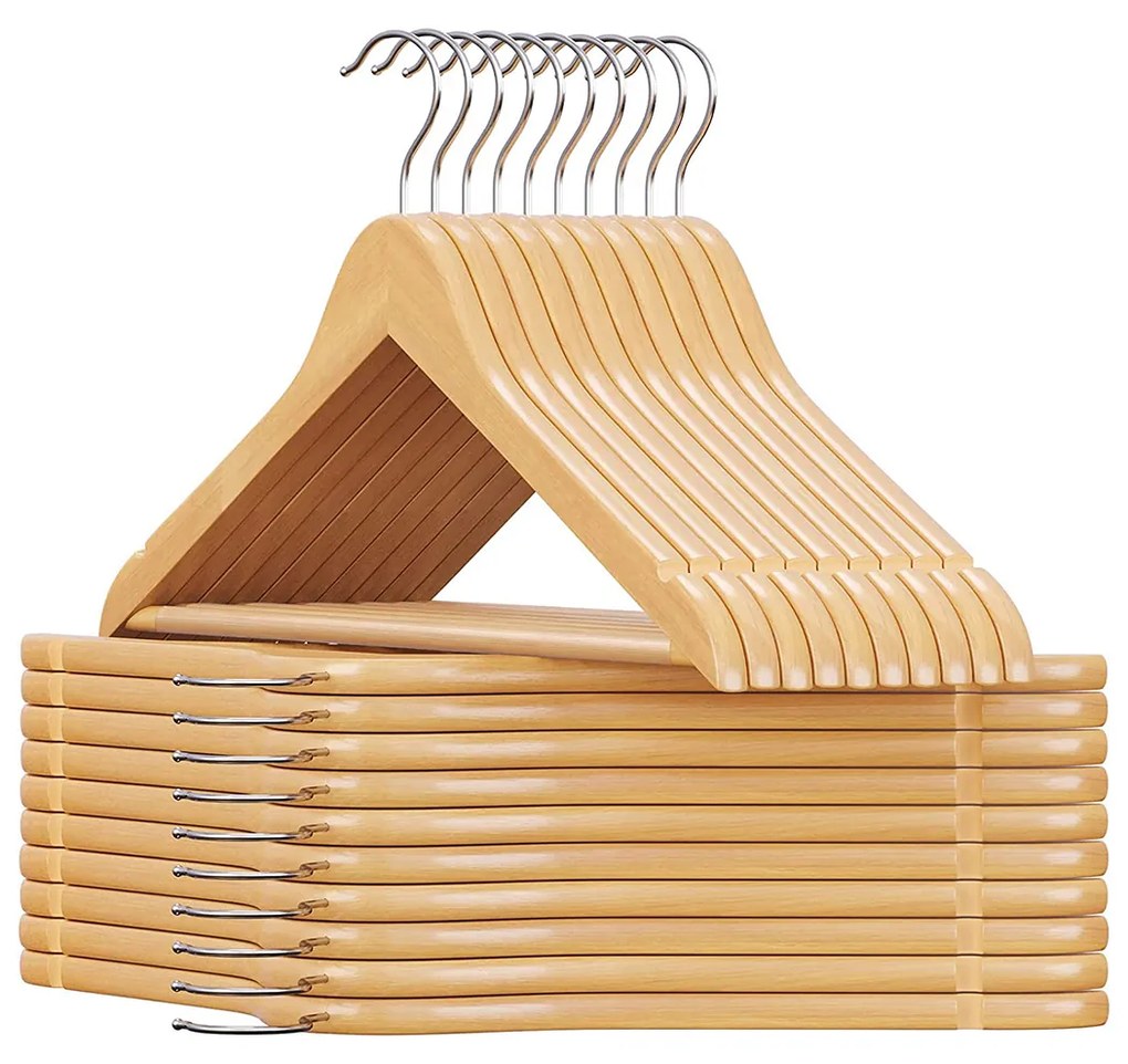Cabides de madeira SONGMICS, cabides para casacos, cabides para roupas, com entalhes nos ombros, barra antiderrapante para calças, gancho giratório 360°, para ternos, camisas, casacos, natural e prata CRW001-20, pacote com 20