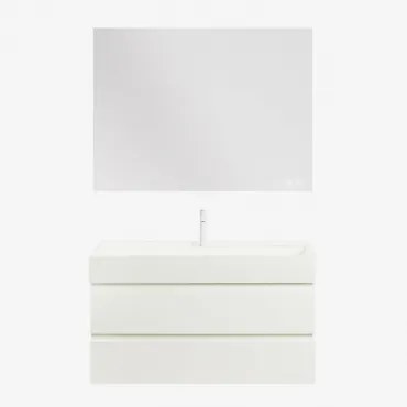 Conjunto De Móvel De Casa De Banho Suspenso Em Madeira E Folha De Freixo Com Lavatório Integrado Ona Branco & Retangular Led - Sklum