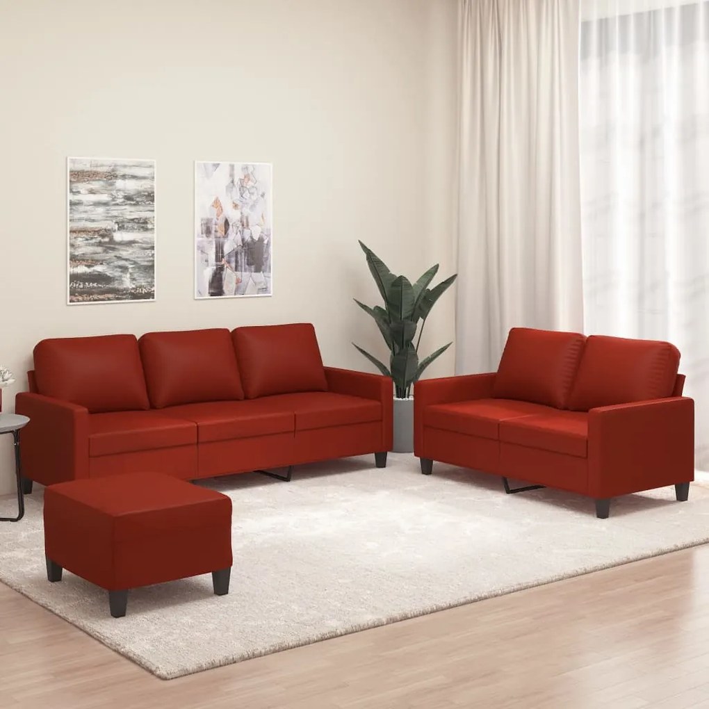 vidaXL 3 pcs conjunto sofás c/ almofadões couro artif. vermelho tinto
