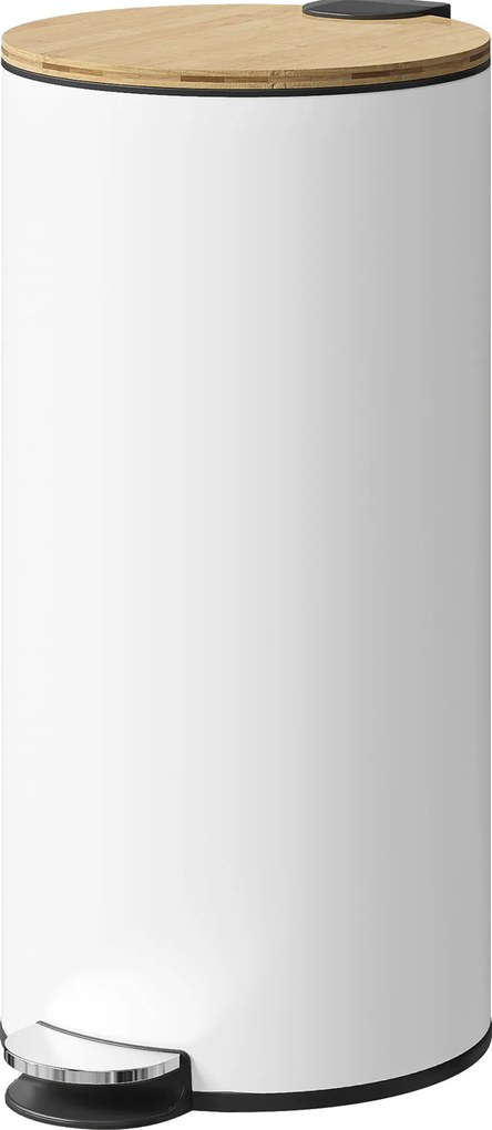 Balde do Lixo para Cozinha com Pedal 30L Cubo de Lixo Metálico com Tampa de Fecho Suave e Balde Removível 36x30x60,5 cm Branco e Madeira