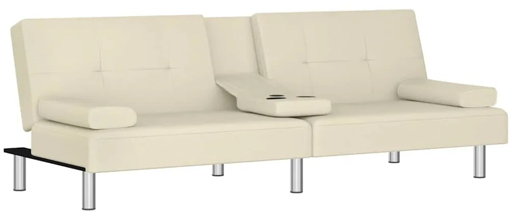 Sofá-cama com suporte para copos couro artificial cor creme