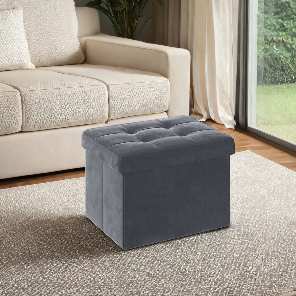 Banco com espaço de arrumação em veludo 31 x 41 x 31 cm cinza escuro