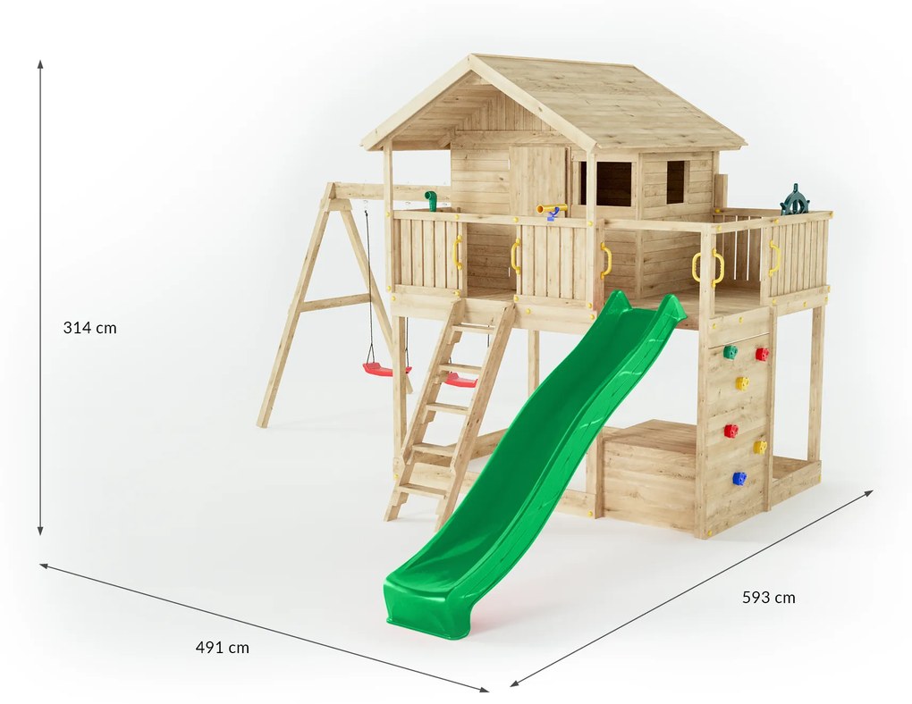 Parque infantil Crianças Exterior Madeira GALAXY SUNSHINE KDI com Escorrega Verde, Baloiço Duplo, casa com telhado, parede escalada, leme, telescópio