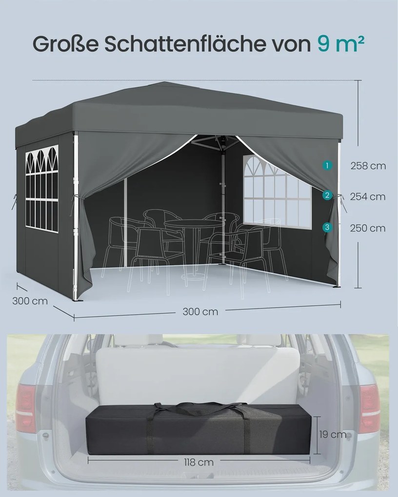 Tenda dobrável de 3 x 3 m para jardim e festas, com 4 paredes laterais, cinzento escuro