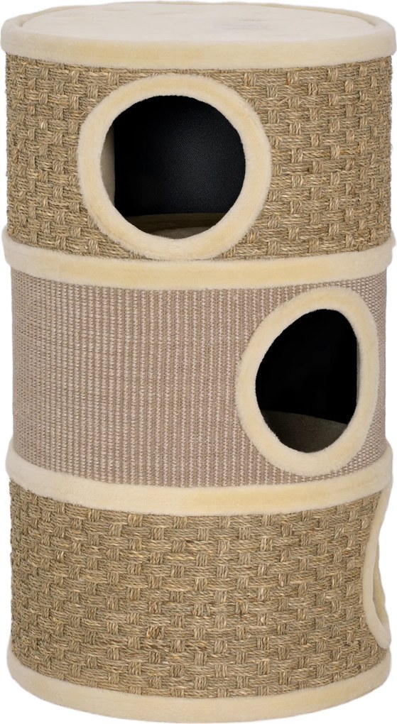 Barril para gatos arranharem - Árvore para gatos em sisal natural e algas marinhas, revestida a pelúcia - 45 x 45 x 79 cm - Cáqui e café