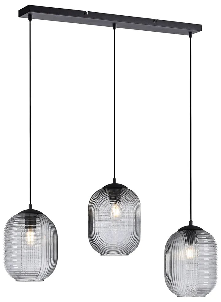 Candeeiro suspenso Art Deco preto com vidro fumê 3 luzes - Chris Art Deco