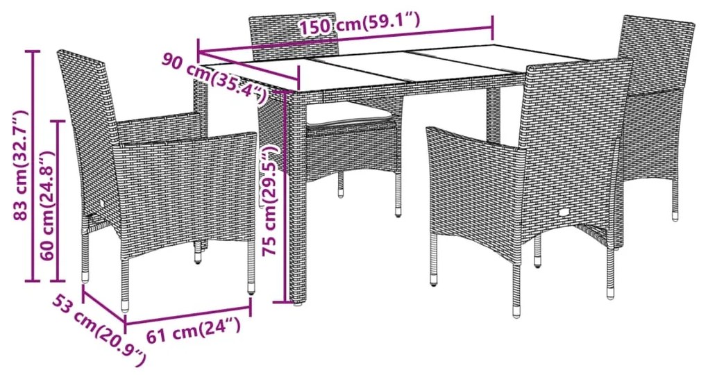 5 pcs conjunto jantar jardim c/ almofadões vime PE/acácia cinza