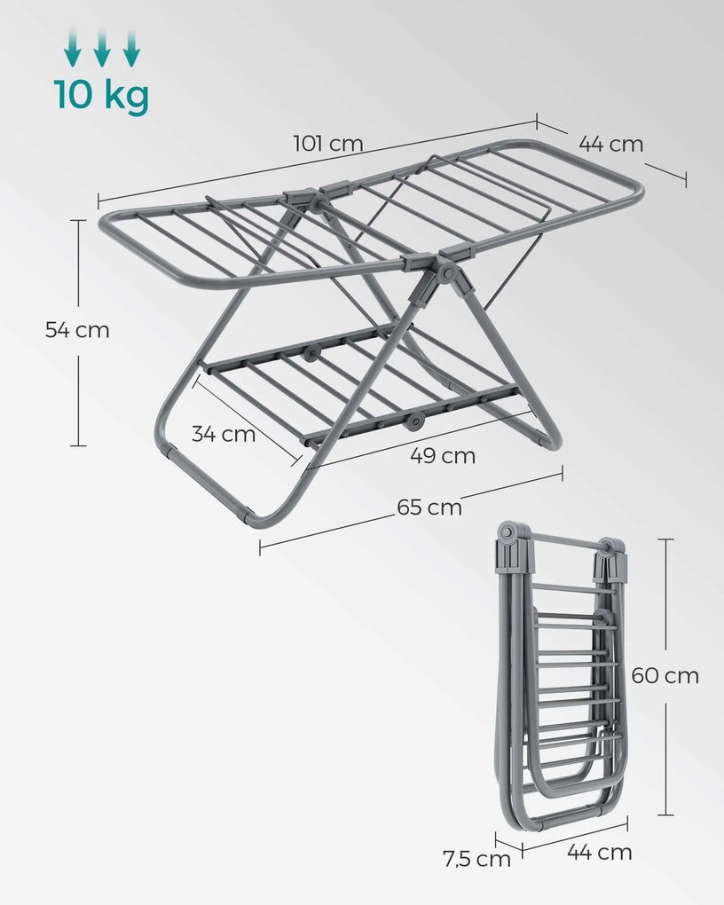 Estendal roupa com 2 asas metálicas 44 x 101 x 54 cm Cinzento