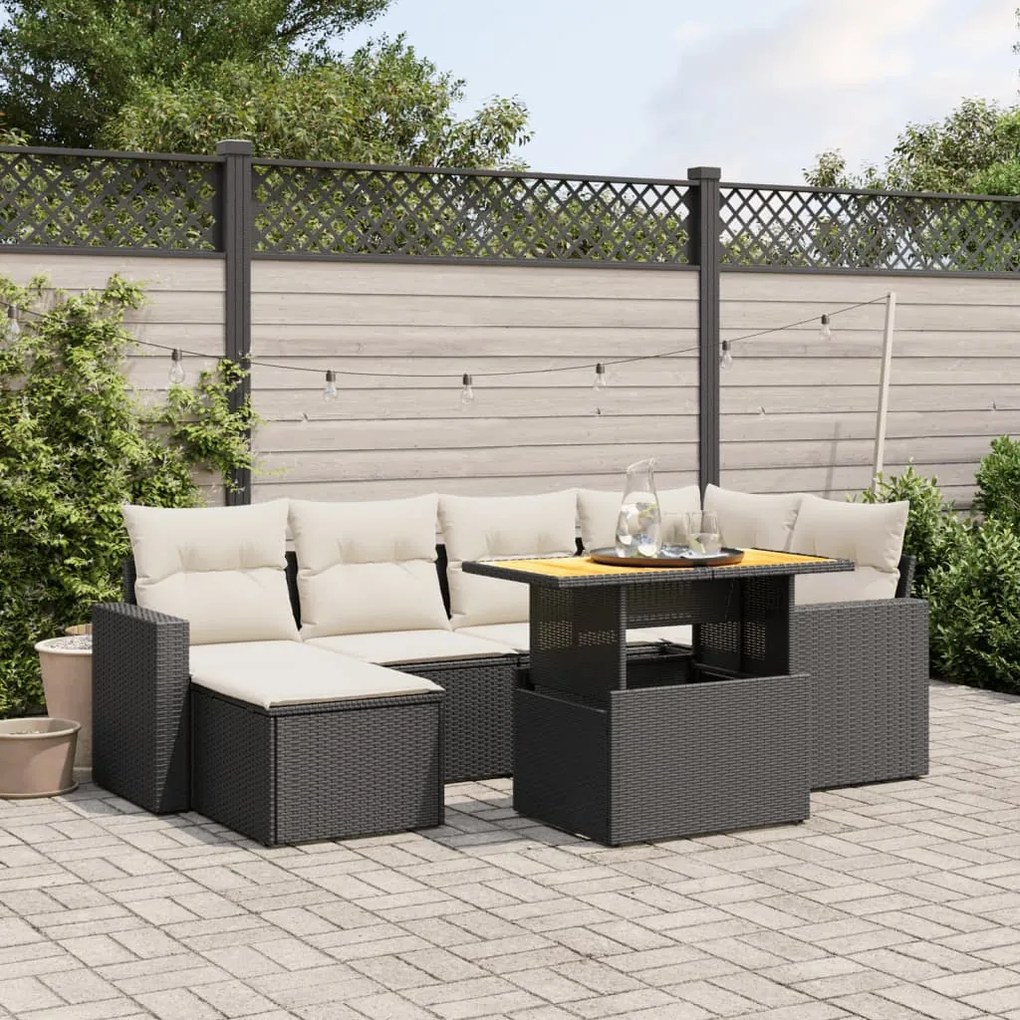 7 pcs conjunto de sofás p/ jardim c/ almofadões vime PE preto