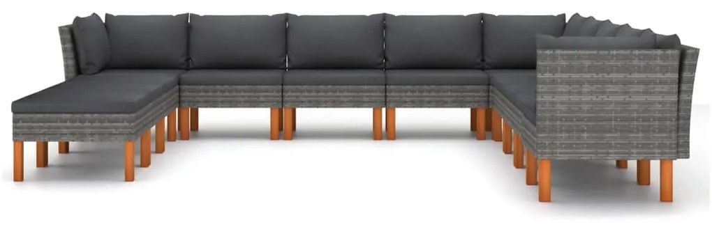 12 pcs conjunto lounge de jardim c/ almofadões vime PE cinzento