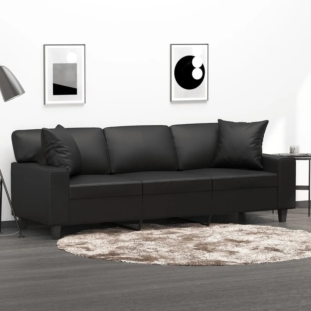 Sofá 3 lugares c/ almofadas/almofadões 180cm couro artif. preto
