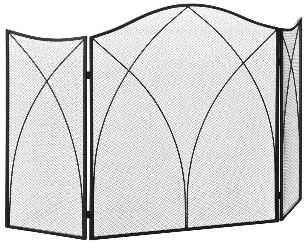 Frente para Lareira Dobrável Proteção para Lareira de 3 Painéis com Dobradiças e Estrutura de Metal Decorativa 126x2x76cm Preto