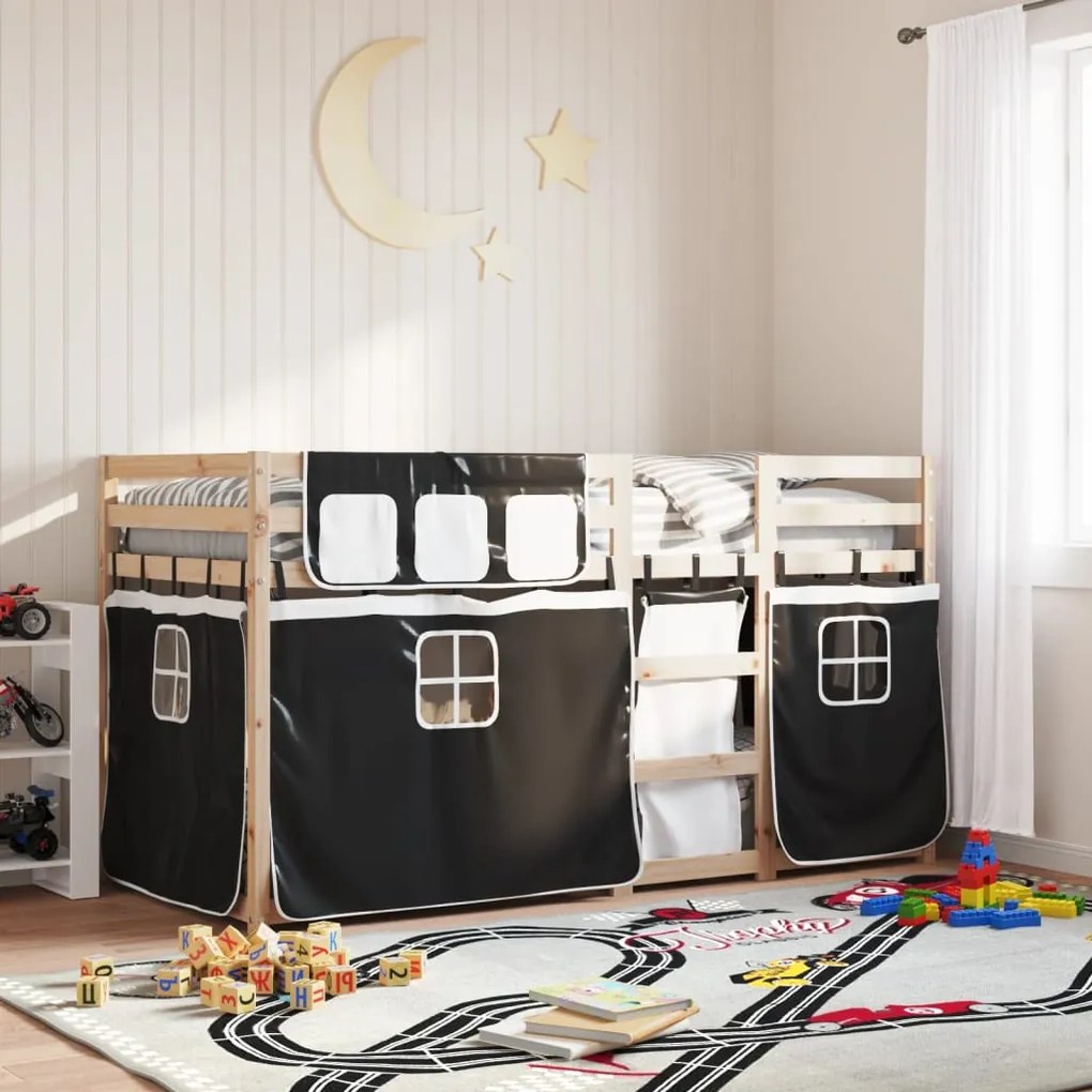 vidaXL Beliche com cortinas 90x200 cm pinho maciço branco e preto
